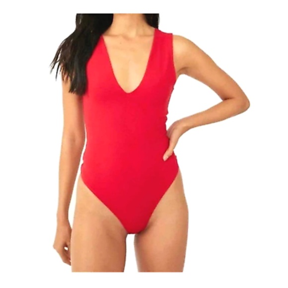 NWT FP Intimately “Keep it Sleek V Neck Thong” Salmon Bodysuit Sm Electr… - Picture 1 of 15